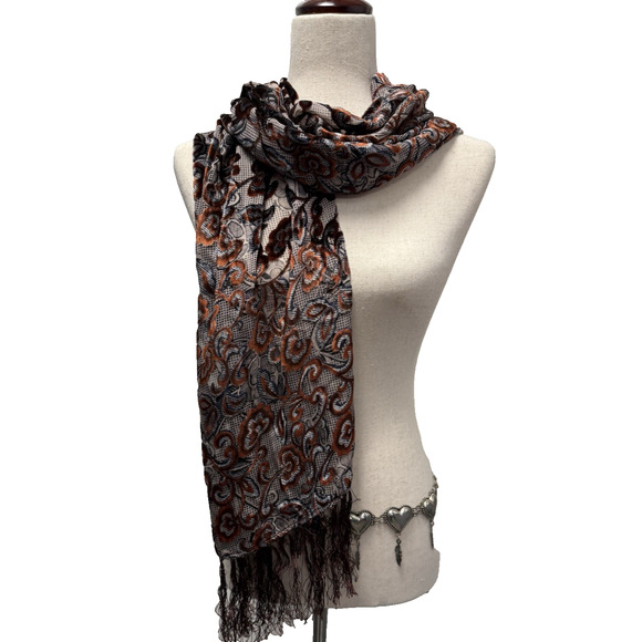 Silk Burnout Velvet Satin Floral Scarf Black Brown Fringe 20 X 68 Inch - Picture 7 of 11